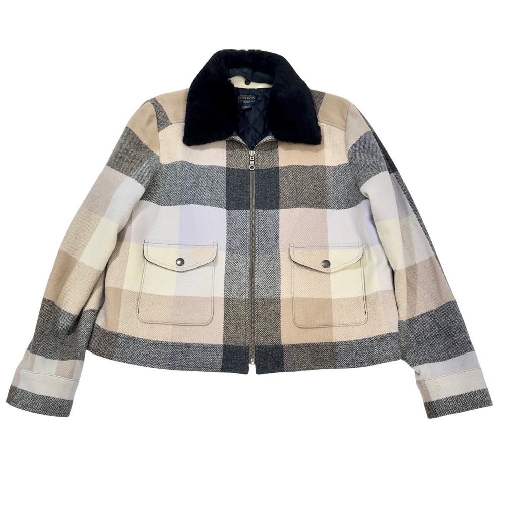 Pendleton Womens XL Plaid Wool Jacket Faux‎ Fur Collar Quilted Lining Tan Gray